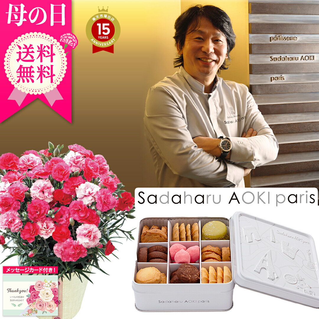 母の日 2023 プレゼント 送料無料 「パティスリー・サダハル・アオキ・パリ」 コフレ アソーティモン ドゥ ビスキュイ ドゥミ＆カーネーション（オスカーピンク4号鉢）「Y40-39」｜ 花 菓子 詰合せ ギフト 贈り物のサムネイル