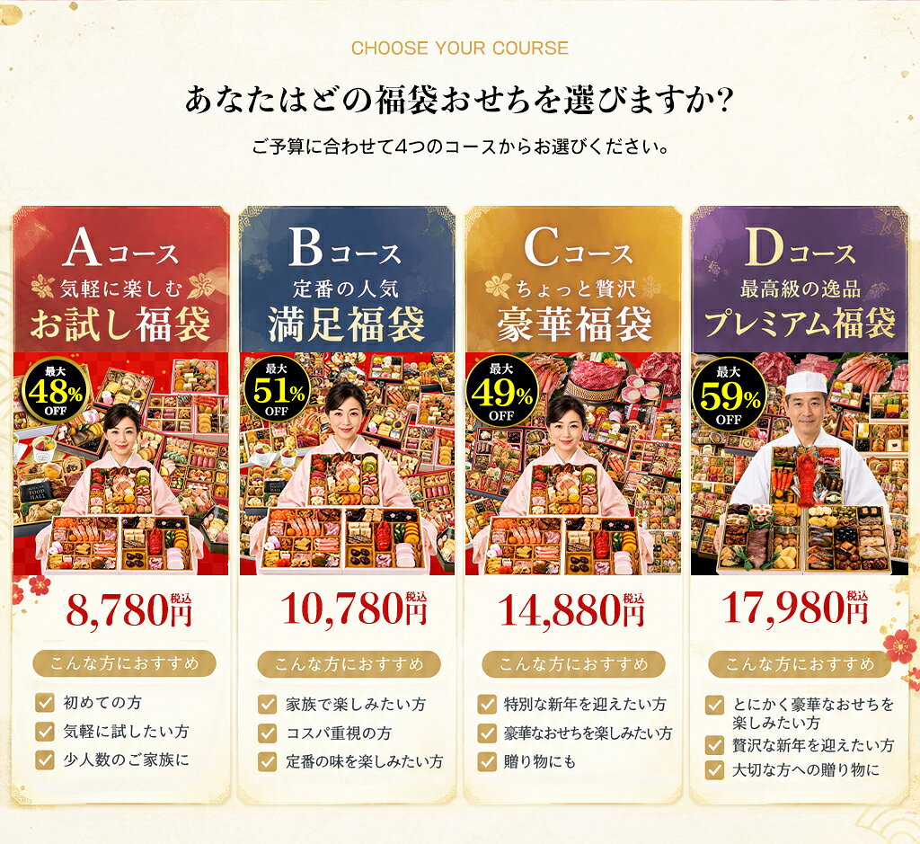 福袋おせち 早割 4種類から選べる おせち料理 2027 年末年始 お節 予約 送料無料 ★何が届くかお楽しみ 運試し 家族向け 子供 「CHOICE-HUKU」 冷凍おせち 数量限定 noel-deco-10028164 ギフト専門店 noel-deco サンプル画像3