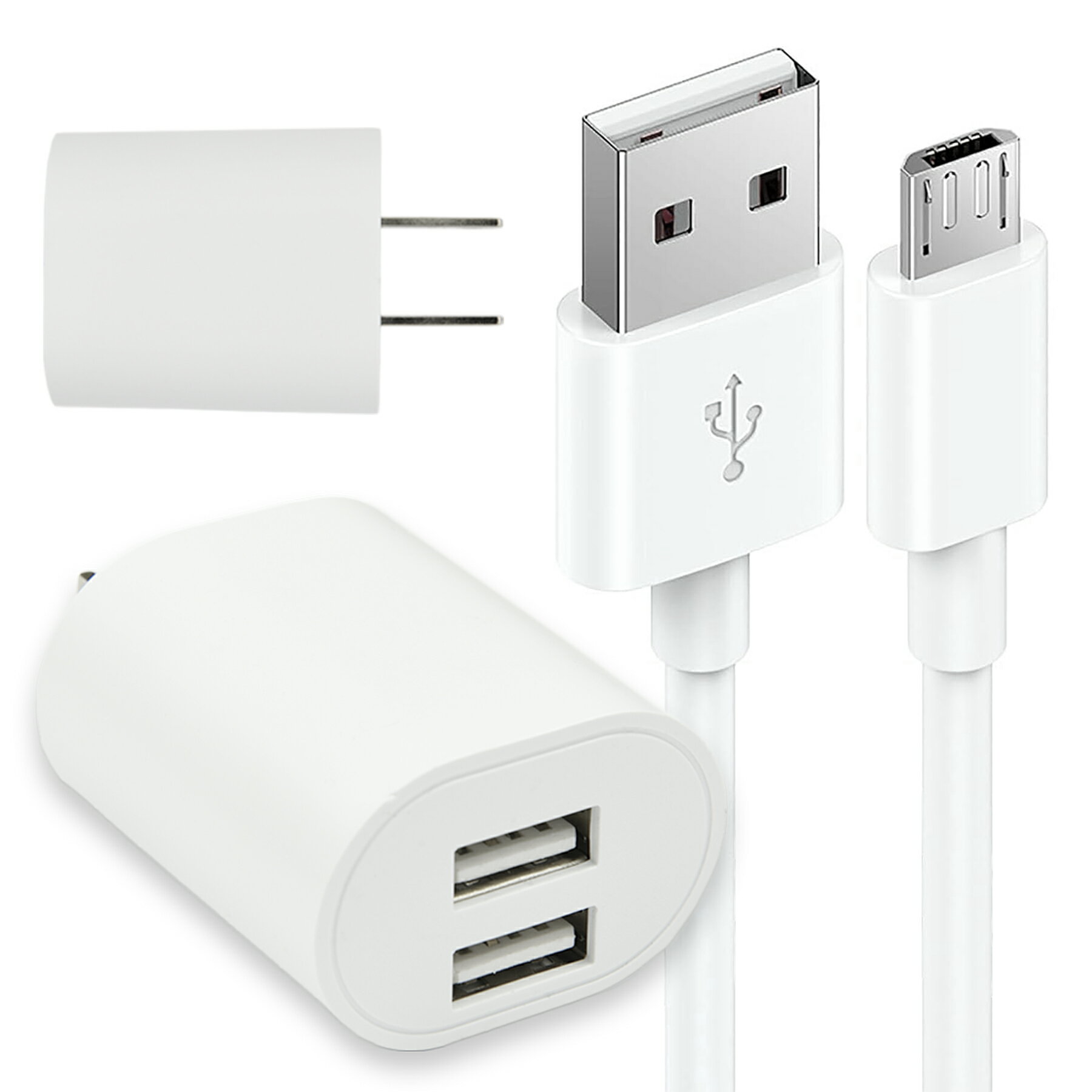 【当店内2個以上ご購入で送料198円→0円！】micro USB ケーブル 2m 2口 充電器 セット 電源 アダプタ タイプB マイクロ USB2.0 TypeB データ転送 折りたたみ コンセント スマホ タブレット Android 各種対応 2ポート コンパクト 旅行 PSE認証
