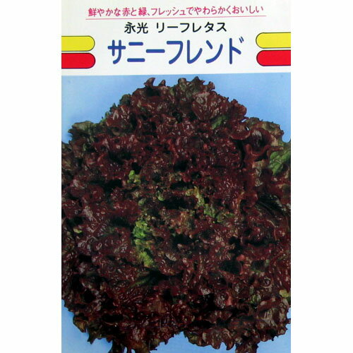 メール便で10袋まで同梱できます。 種子と責任種子は努めて純良なものをご用意しておりますが、商品の性質上100%の純度や発芽は望めません。商品の包装等に記載のある、発芽試験結果を満たした商品をお届けいたします。発芽は播種後の条件により結果が異なるため、温度や水分などを品目ごとに適した条件下で管理してください。不適条件下では発芽しないことがあり、また100%同一ではなく、まれに異株が出る場合がございます。種子・苗などについて、発芽後および植えつけ後の栽培条件や天候などによって結果が異なりますので、商品の生長後や収穫物に対する補償はいたしかねます。また商品の性質上、結果不良につきましてはお買い上げ金額の範囲内とさせていただきます。(お客様の栽培管理や気象条件による結果不良につきましては、その責任を負いかねます)独自に加工されたものや、お届け後に有効期限を超えられたものにつきましては責任を負いかねます。野菜などの収穫物については、品種の特性や栽培条件などにより生育に差が生じることがあり、収穫物のサイズ、重量、味などは掲載表現と異なる場合がございます。サニーフレンド生育は旺盛で作りやすく、耐暑性にすぐれる早生多収種。葉は丸葉で葉縁に波状を示し葉面はチリメン状になる。さえたアカネ色と鮮緑色との色合いが鮮明です。食味は新鮮さが長期間保持されて、やわらかくおいしいです。 地域 蒔き時期（露地） 蒔き時期(ハウス・トンネル等） 寒地・冷涼地 3月〜7月 − 中間地 2月〜4月中・8月中〜9月・3月〜7月 − 暖地 1月〜4月上・8月下〜10月 − 小袋種子の内容量表記について農作物である商品の特性上、小袋パッケージの商品に関しましては、販売時期により、内容量が変更になる場合があります。商品名に内容量が記載されている場合がございますが、あくまで目安であり、1mlほど前後するものとお考え下さい。また、内容量が増減したことによる価格の変更もありません。あらかじめご了承いただいた上で、ご注文をお願いいたします。