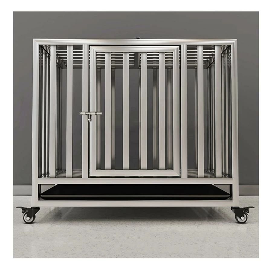 なステンレス製の角筒型ドッグケージ トレイ付き、ユニバーサルホイール 大型犬、中型犬、小型犬に対応..