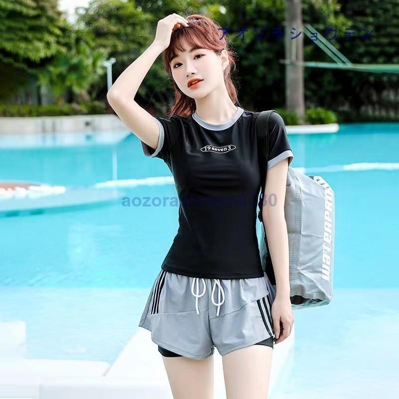 樂天商城 - 水着 レディース 体型カバー水着 タンキニ ミセス ママ ショートパンツ Tシャツ ラッシュガード 2点セット