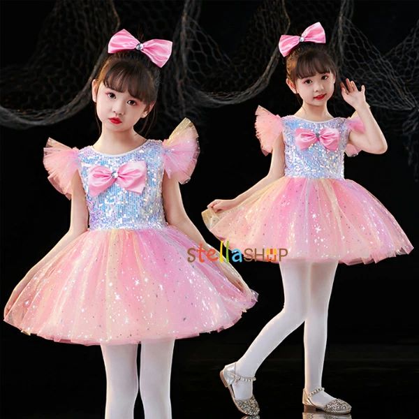 キッズダンス衣装 女の子 スパンコール ドレス ピンク イエロー 100/110/120/130/140/150/160 プリンセス 飛袖 ワンピース スパンコール