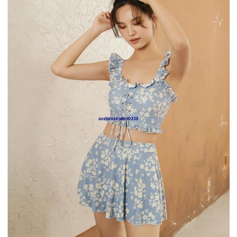 水着 レディース 夏 小胸 バンドゥ パレオ リゾート パッド付き 体型カバー UVカット ママ水着 海水浴 潜水 韓国風 可愛い 20代 30代 40