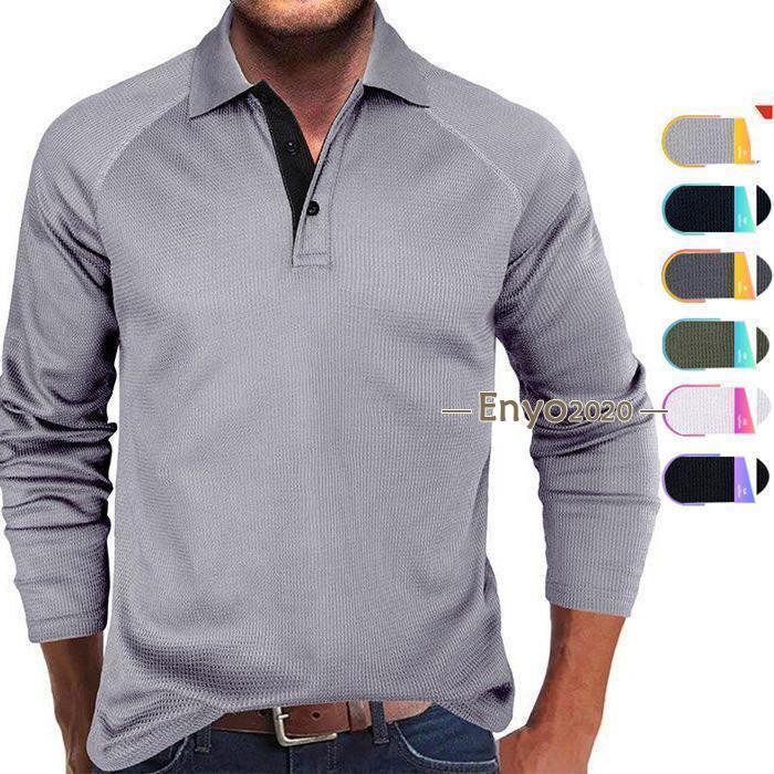 メンズポロシャツ 長袖 ワッフル 無地 ゴルフシャツ 長袖ポロシャツ ポロ トップス 通勤 通学 おしゃれ 春秋 Tシャツ