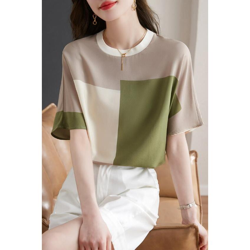 夏の新作 エミュレーションシルクシャツ Tシャツ半袖雰囲気トップス 配色 ブラウス 着痩せ ファッション 韓国風 S M L XL 半袖トップス