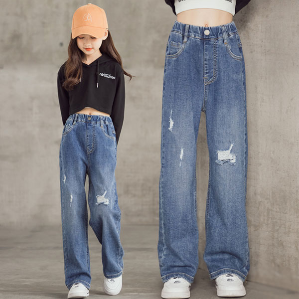 Long-Trousers, Trousers - 韓国子供服 デニムパンツ おしゃれ 女の子 ワイドレッグパンツ ジーンズ デニムダメージジーンズ パンツ 学生 レジャー デニムロングパ