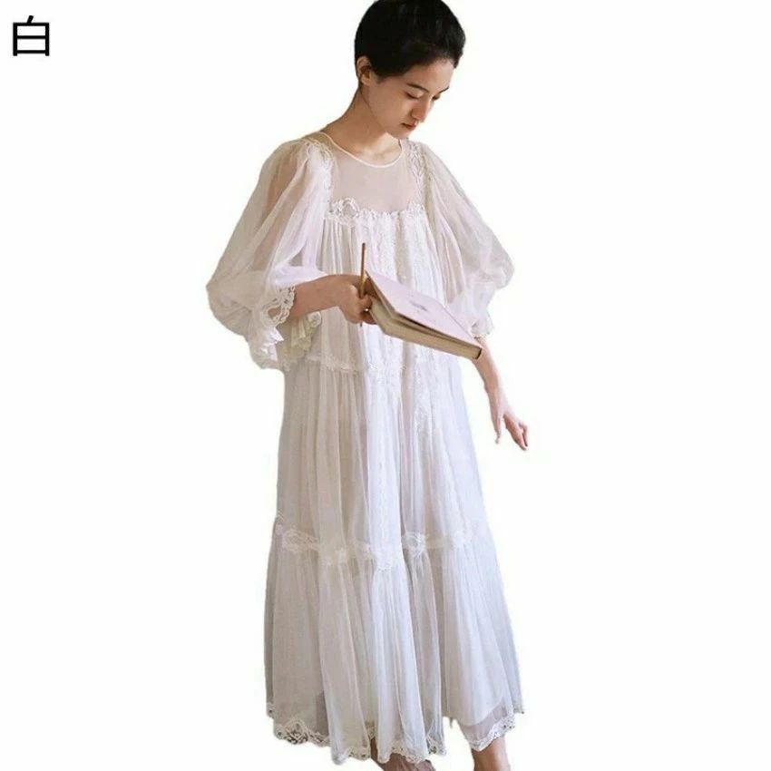 ナイトウェア 半袖 花柄レース 綿100% ルームワンピース ワンピースパジャマ 丸襟 シースルー 透け感 春 夏 秋 ドレス 寝間着 お風呂上