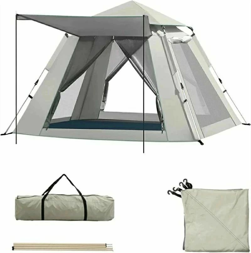 キャンプ テント ワンタッチテント 大型テント 2つのドアの2つの窓の全自動速開蓋、通気、大空間、安全で異臭がなく、パノラマドアと窓