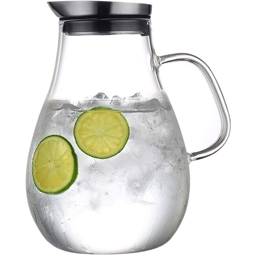 ガラス ポット 直火 耐熱ガラスポット 冷水筒 冷蔵庫 フィルターとふた付きステンレス製飲料水デカンタ..