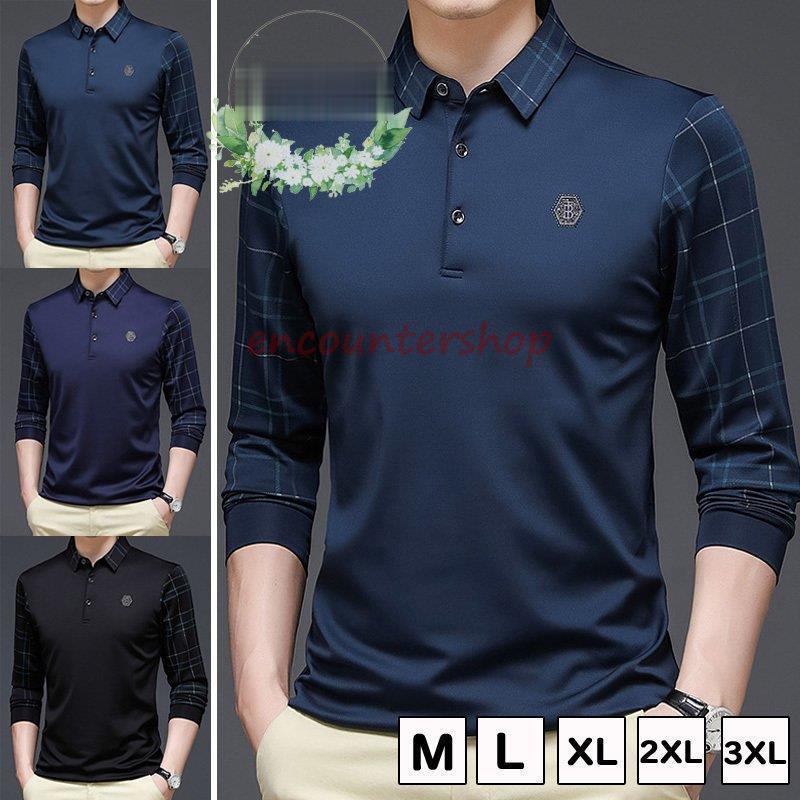 ポロシャツ ゴルフシャツ メンズ ゴルフウエア チェック柄 切替風 長袖 tシャツ トップス ボタン仕様 p..