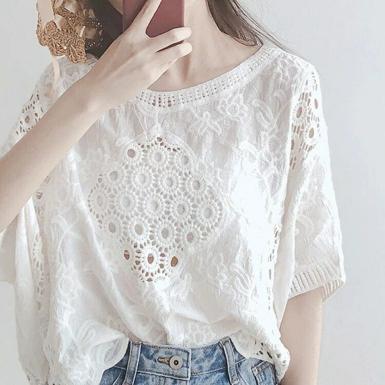 乐天商城 - 【5/9~16限定★P20倍】サマーニット ニット レディース 透かし編み ニット uネック 半袖 トップス 透け感 紫外線 UV対策 冷房対策 グルーネック ゆったり 大きいサイズ ブラウス 春夏 新作 刺 ブラック ホワイト ベージュ