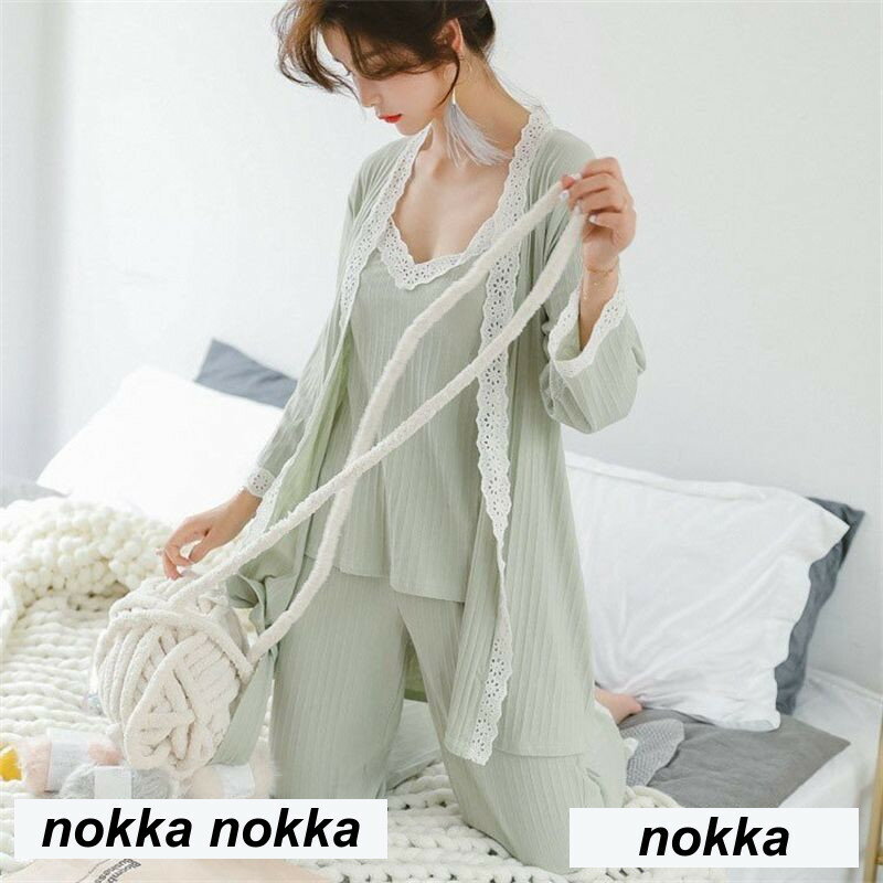 THOM WILLS パジャマ 3点セット レディース 前開き 春夏秋冬 レース 長袖ガウン キャミ パジャマセットアップ ルームウェア 女性 大人可愛い 部屋着 プレゼント ユニセックス ナイトウェア メンズ 通年用 春 秋 冬 大きいサイズ LL