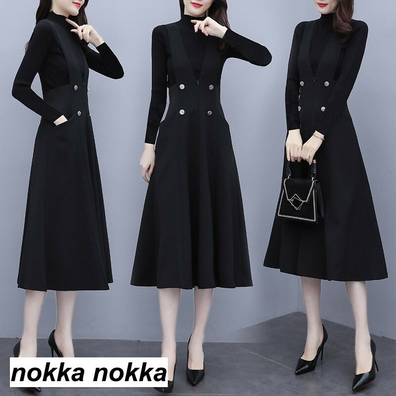 THOM WILLS セットアップ レディース 秋 冬 ワンピース 2点セット レディース 40代 秋冬 長袖 ニットトップス 黒 サロベットスカート ニットセットアップ オシャレ 韓国風 着痩せ 大人 通勤 入学式 卒業式 ホワイトデー