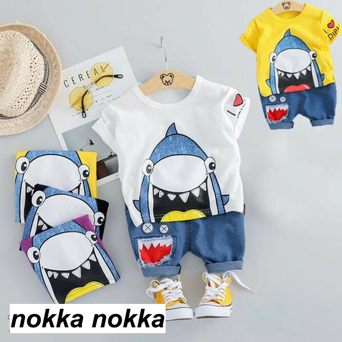 ベビー服 男の子 半袖 2点セット ベビー 夏服 シャツ/パンツ キッズ 可愛い柄 プリント 保育園 幼稚園 夏 普段着 通園 夏服 薄手 キッズ トップス ショットパンツ キッズ カジュアル デニム 短パン ハーフパンツ