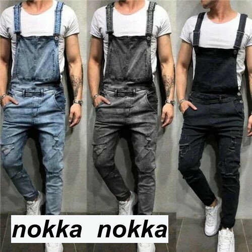 メンズ ダメージ サロペットパンツ デニム スキニー オーバーオール ロング丈 スリムフィット ストリート ペンシルパンツ