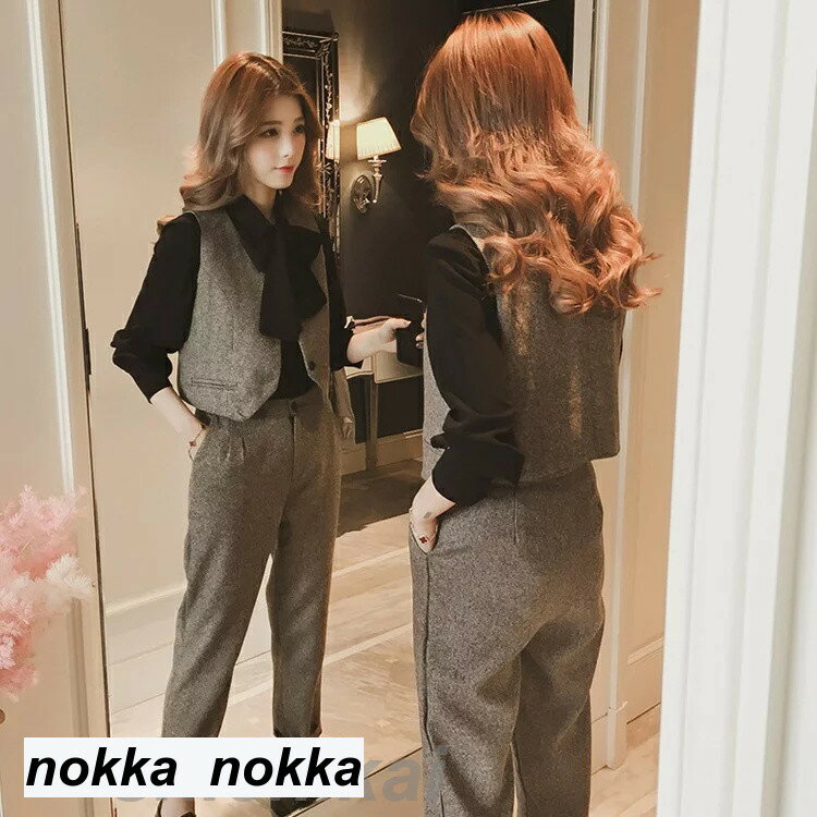 【P20倍！】THOM WILLS セットアップ レディース きれいめ 春秋 復古風 上下セット ベスト ブラウス ズボン 3点セット 無地 前リボン 着痩せ 韓国風 通勤 長袖 オシャレ カジュアル 新作