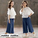 子供服 セットアップ キッズ 女の子 2点セット 半袖 デニムパンツ シャツ+9分ズボン カジュアル パンツセット 春夏着 上下セット ワイドパンツ 小学生 通学着 可愛い子供服 女の子 安い 100 110 120