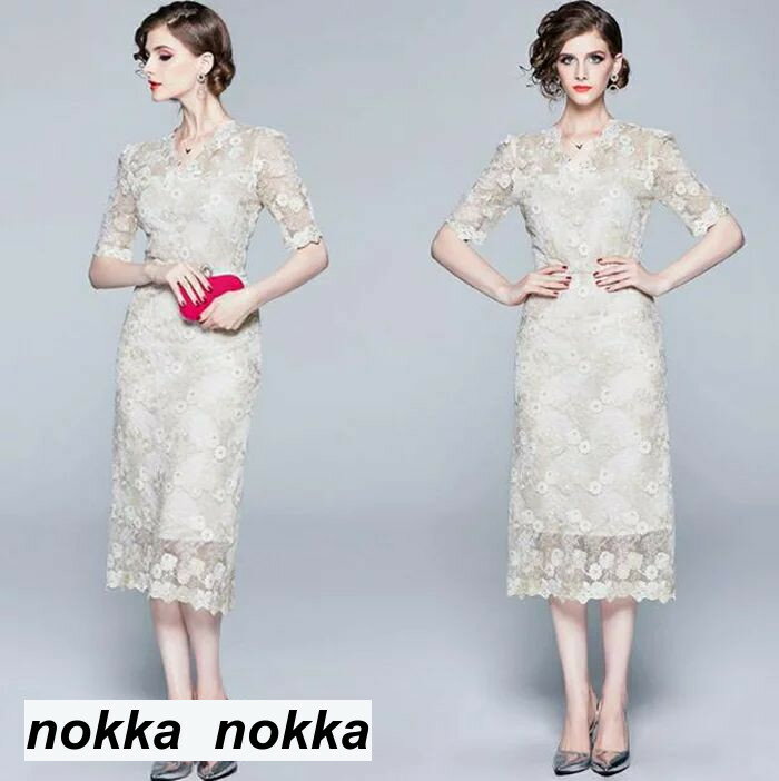 結婚式 ワンピース パーティードレス ミモレ丈 ワンピース party dress 二次会 花柄刺繍 ウェディングドレス パーティードレス Party dress 結婚式 ワンピース パーティドレス フォーマル レディース