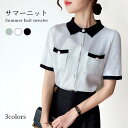 【楽天スーパーSALE限定半額OFF!】サマーニット レディース ニットトップス 涼感 リブニット 半袖 ニット 夏ニット 薄手ニット 薄手 リブ レース付き ポロシャツ風 バレンタイン プレゼント(4)