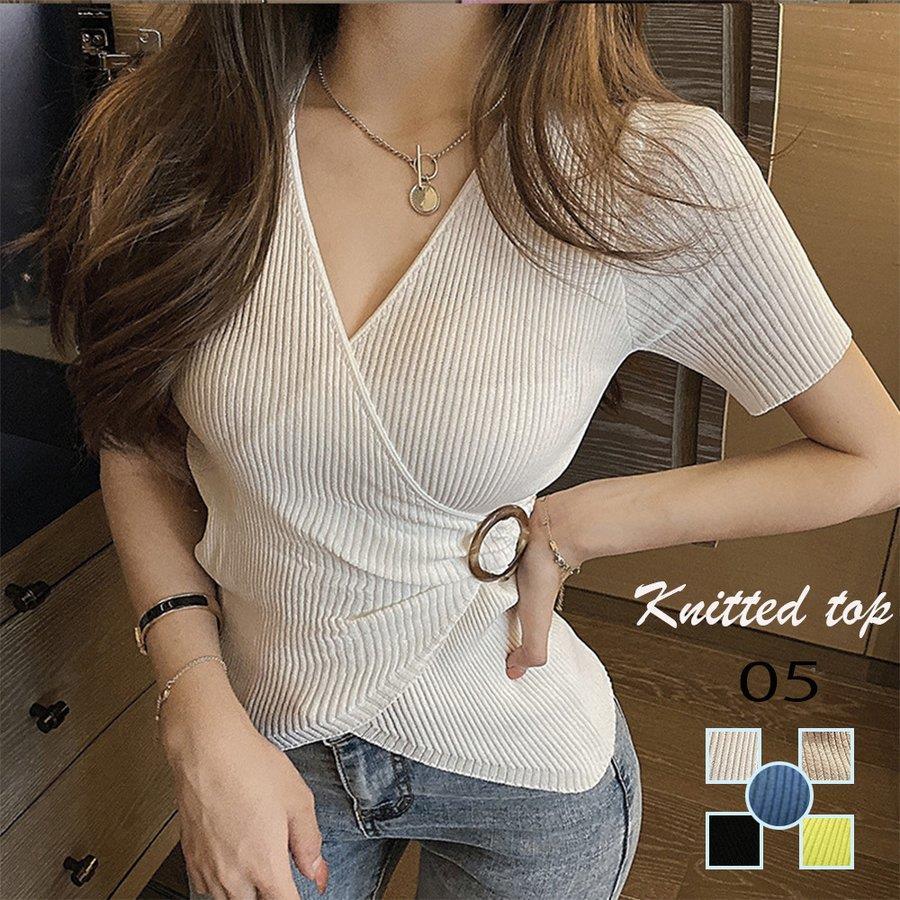 リブ編みニットトップス Vネック 半袖 バレンタイン プレゼント