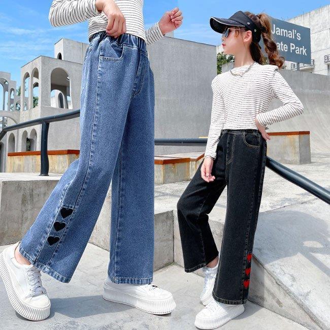 ワイドパンツ 秋 キッズ ガウチョパンツ 秋 デニムパンツ パンツ ロングパンツ ボトムス 子供 キッズ ジュニア 女の子 学生 ハート 刺繍 おしゃれ バレンタイン プレゼント