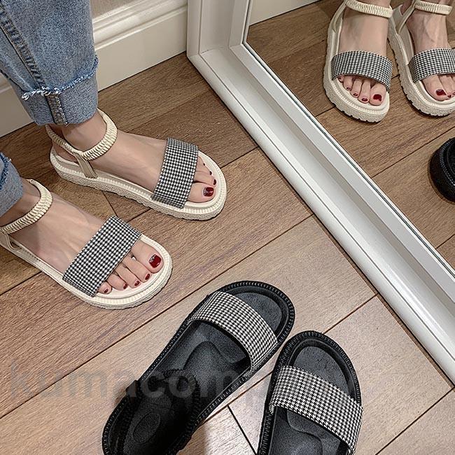 【楽天スーパーSALE限定半額OFF!】サンダル レディース ストラップサンダル 厚底 千鳥柄 サマーサンダル ビーサン チェック柄 夏サンダル 厚底サンダル ビーチサンダル
