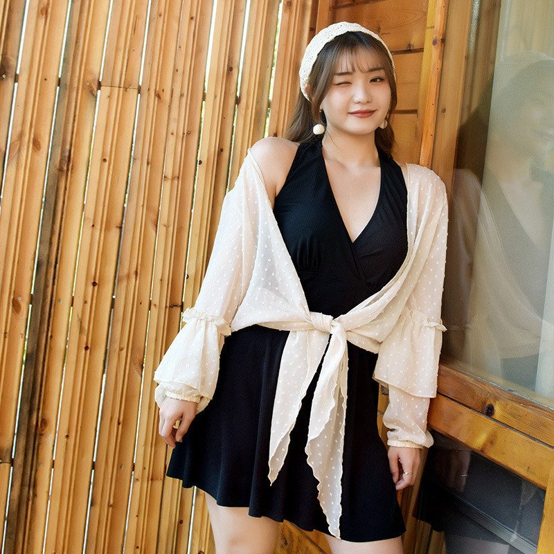 レディース 水着 3点セット ワンピース 大きいサイズ 長袖 カーディガン レース 透け感 韓国風 インホリデー プラスサイズ 女性 スカート 日焼け防止 白 黒 バレンタイン プレゼント