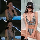 ビキニ 千鳥格子 クロスストラップ 水着 セクシー 韓国風 バックリボン チェック 可愛い 韓国 プール トレンドスタイル 白 黒 キャミソール バレンタイン プレゼント