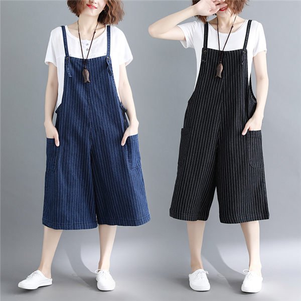 【楽天スーパーSALE限定半額OFF!】サロペットデニムパンツ レディース ワイドパンツ ガウチョパンツ ストライプ柄 太め ゆったり 美シルエット 可愛い バレンタイン プレゼント