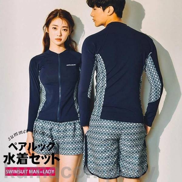 水着 体型カバー ラッシュガード uvカット ペアルック水着 レディース5点セット/メンズ3点 水着 タンキニ スイムウエア 上下セット 長袖 日焼け防止 紫外線対策