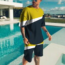 THOM WILLS ジャージセット メンズ 夏スウェット 上下セット 配色 半袖Tシャツ ハーフパンツ 個性的デザイン オーバーサイズ 運動服 部屋着 アウトドア 夏