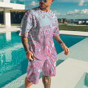 THOM WILLS ジャージセット メンズ 夏スウェット 上下セット 半袖tシャツ ハーフパンツ 総柄 カジュアル オーバーサイズ 運動服 部屋着 アウトドア 夏 ピンク
