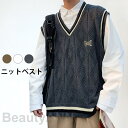 THOM WILLS ニットベスト メンズ ベスト 刺繍 英字刺繍 ノースリーブ Vネック ゆったり ゆるニット ゆるベスト 重ね着 トップス プルオーバー レイヤード 春秋 秋新作