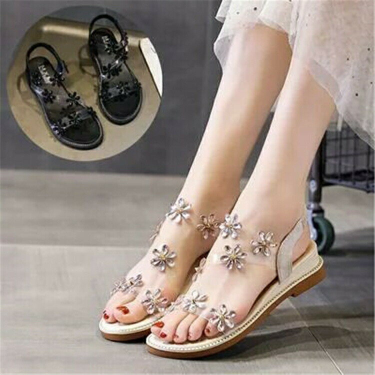 【楽天スーパーSALE限定半額OFF!】サンダル レディース 靴 シューズ フラット パンプス 夏 ミュール 花 ビジュー 可愛い おしゃれ ぺたんこ シンプル 美脚 ローヒール 旅行 春夏 秋 エレガント 涼しい ブラック 黒 ホワイト 白