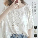 レース ブラウス レディース トップス 半袖 レースブラウス 夏 プルオーバー Tシャツ 花柄 透かし彫り シースルー 透け感 綿 コットン 無地 ホワイト ブラック 体型カバー 刺繍 ゆったり カジュアル風 可愛い おしゃれ(4)
