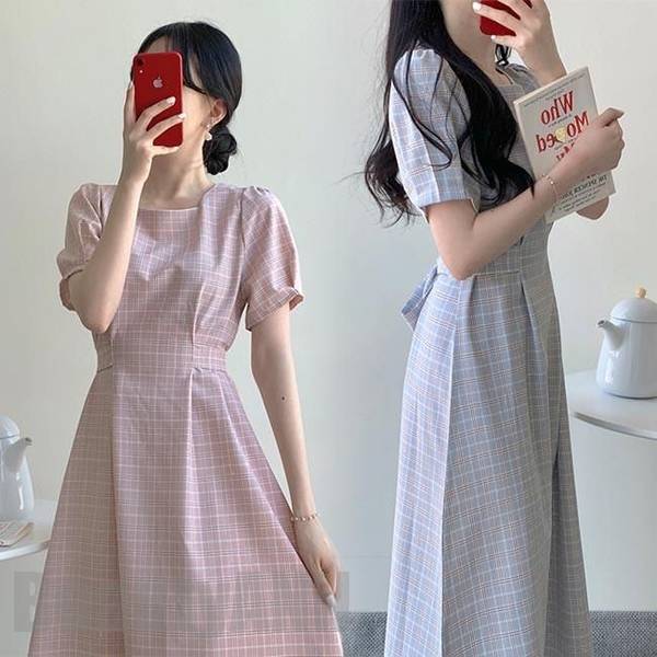 【P20倍！】THOM WILLS サマーワンピース 半袖 レディース ワンピース チェック柄 半袖ワンピース スクエアネック 夏 ミモレワンピース 気質アップ ロングワンピ レトロ 新生活 プレゼント ギフト