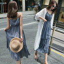 2点セット キャミワンピ ラッシュガード 無地 夏ワンピース リゾートワンピ ノースリーブ 肩出し ナチュラル マキシ アロハ ロングワンピ 体型カバー ハワイ...