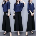 THOM WILLS セットアップ レディース 春夏 オシャレセットアップ 半袖ブラウス 九分丈ワイドパンツ シフォン上下セット 通勤OL 30代40代 50代...