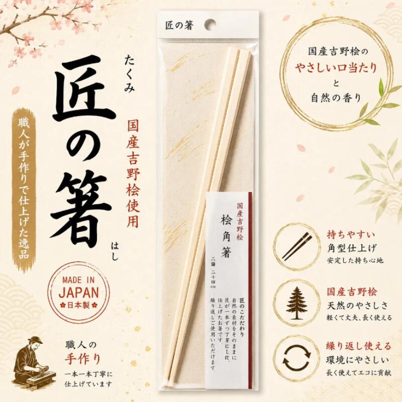 商品名匠の箸 桧角箸 サイズ約24cm 内容量1膳 材質天然木（国産吉野桧） 形状角箸 原産国日本 食洗機対応 特徴吉野桧を使用し、職人が一本ずつ丁寧に仕上げた天然木箸です。