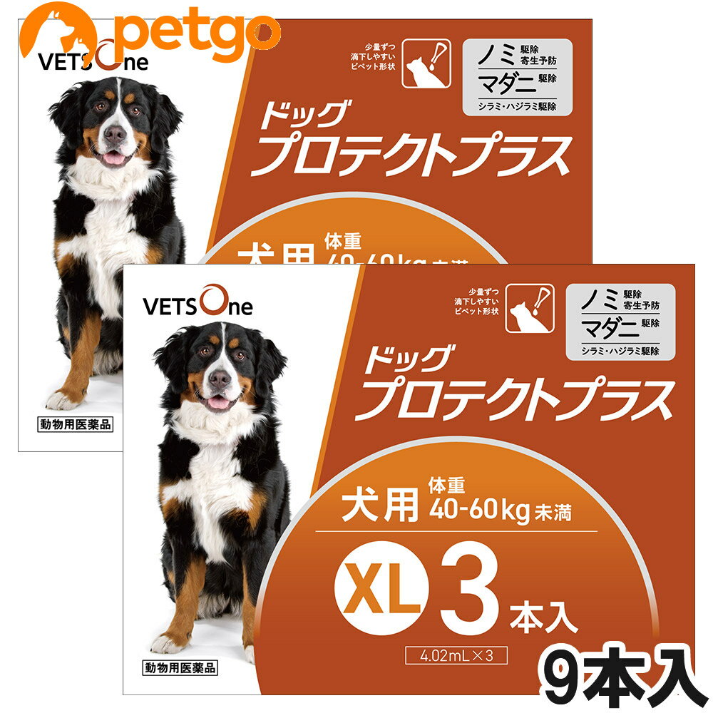 【使用期限：2026年10月以降の商品を出荷させていただきます。】【沖縄県へのお届けは陸送でのお届けとなります。お届けまでに約一週間程度かかりますので、あらかじめご了承ください。】 必ず製品の添付文書をよく読み用法用量を守って正しくご使用ください。6ピペットと3ピペットのセットでの販売となります。単品での返品は一切お受けしておりません。あらかじめご了承ください。 ドッグプロテクトプラスは犬に寄生するノミ、マダニ、シラミ及びハジラミを駆除します。 ・ノミの駆除寄生予防効果1～3か月間 ・マダニ駆除効果約1か月間 ・8週齢以上の子犬（体重制限なし）から使用可能 ・肩甲骨間に滴下するだけの簡単投与 プロテクトプラスの成分であるフィプロニルは犬に寄生するノミ・マダニ・シラミ・ハジラミを駆除します。 （S）－メトプレンは、ノミの卵の孵化及び幼虫の変タイを阻害し、犬へのノミ寄生を予防します。 【特長】 ●少量ずつ滴下しやすいピペット形状 ●ピペットは開封後立てておくことができます ●日本国内のGMPガイドラインを遵守した動物用医薬品製造工場で製造 ■効能効果：ノミ、マダニ、シラミ及びハジラミの駆除 ノミ卵の孵化阻害及びノミ幼虫の変態阻害によるノミ寄生予防 ■用法用量：8週齢以上の犬の肩甲骨間背部の被毛を分け、皮膚上の1部位に直接次のピペット全量を滴下する。 サイズ/体重/容量規格 XS/5kg未満/0.5mL入りピペット S/5kg～10kg未満/0.67mL入りピペット M/10kg～20kg未満/1.34mL入りピペット L/20kg～40kg未満/2.68mL入りピペット XL/40kg～60kg未満/4.02mL入りピペット ■使用上の注意：【犬に関する注意】 ・衰弱、高齢、妊娠中あるいは授乳中の犬に対する投与については獣医師と相談し、投与の適否を慎重に決定すること。 ・本剤は外用以外に使用しないこと。 ・本剤使用後1日間は、水浴あるいはシャンプーを控えることが望ましい。 ・副作用が認められた場合には、速やかに獣医師の診察を受けること。 ・もし、動物が舐めた場合、溶媒の性状のため一過性の流涎が観察されることがある。そのため、滴下部位を他の動物が舐めないように注意すること。 ・まれに、他の外用殺虫剤と同様に本剤の使用後、個体差による一過性の過敏症（投与部位の刺激によるそう痒、発赤、脱色、脱毛）が起こることがある。もし、症状が持続または悪化する場合は、直ちに獣医師に相談すること。 ■保管上の注意：・小児の手の届かないところに保管すること。 ・直射日光を避け、なるべく湿気の少ない涼しいところに保管すること。 ・使用済みの容器等を廃棄する際には、環境や水系を汚染しないように注意し地方公共団体条例等に従い処分すること。 ■その他注意：・本剤は効能・効果において定められた目的にのみ使用すること。 ・本剤は定められた用法・用量を厳守すること。 ・本剤は獣医師の指導の下で使用すること。 ・犬以外の動物には使用しないこと。特にウサギには使用しないこと。 ■主成分：1mL中フィプロニル 100mg（S）－メトプレン 90mg ■JANコード：2022010519387 ■原産国：日本 ■メーカー：ベッツワン ■区分：動物用医薬品 ■広告文責：ペットゴー株式会社　0120-958-046 ■更新日時：2024/05/20 11:17:42 ＜免責事項＞本サイトに掲載されている商品情報は、商品パッケージやカタログ、またはメーカーから提供された情報に基づくものであり、その内容について当社は責任を負いかねます。これらについてのお問い合わせはメーカーに直接行っていただきますようお願いいたします。また、メーカーによる仕様変更に伴い商品の表記と実際の仕様が異なる場合がございます。