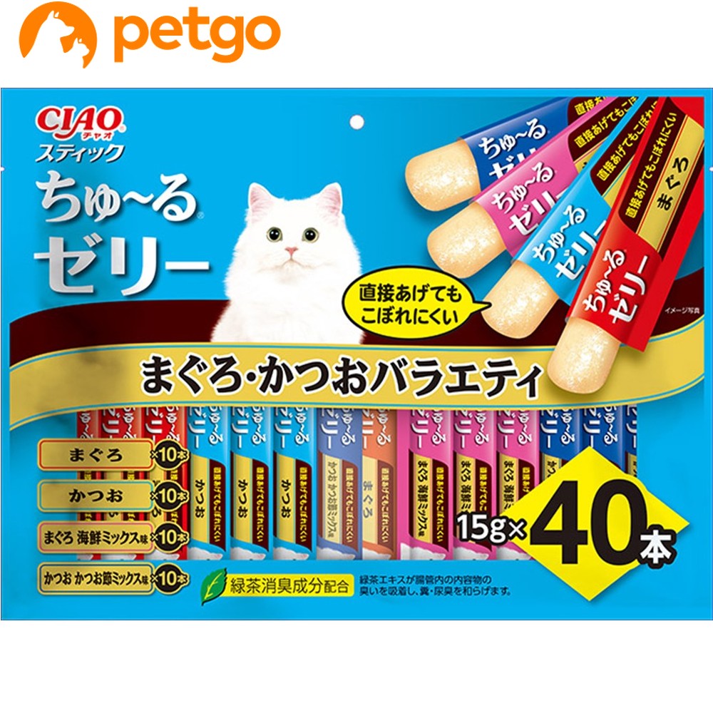 CIAOスティック40本入りに新しいバラエティが仲間入り。素材をゼリーでコーティングし、猫ちゃんの好きな味に仕上げました。猫ちゃんとコミュニケーションを取りながら与えられます。猫ちゃんの気分に合わせてあげられる4種のバラエティパック。 ■使用方法：1日4本を目安におやつとしてお与えください。 ■使用上の注意：袋の誤飲にご注意ください。 ■保管上の注意：お使い残りが出た場合は他の容器に移し替えて冷蔵庫に入れ、早めにお与えください。 ■素材・材質：【まぐろ】まぐろ、まぐろエキス、寒天、糖類（オリゴ糖等）、植物性油脂、増粘安定剤（増粘多糖類、加工でん粉）、ミネラル類（Na、P、Cl）、調味料（アミノ酸）、ビタミンE、紅麹色素、緑茶エキス【かつお】かつお、かつお節エキス、寒天、糖類（オリゴ糖等）、植物性油脂、増粘安定剤（増粘多糖類、加工でん粉）、ミネラル類（Na、P、Cl）、調味料（アミノ酸）、ビタミンE、紅麹色素、緑茶エキス【まぐろ 海鮮ミックス味】まぐろ、寒天、かつお節エキス、ほたてエキス、まぐろエキス、糖類（オリゴ糖等）、植物性油脂、増粘安定剤（増粘多糖類、加工でん粉）、ミネラル類（Na、P、Cl）、調味料（アミノ酸）、ビタミンE、紅麹色素、緑茶エキス【かつお かつお節ミックス味】かつお、かつお節エキス、寒天、糖類（オリゴ糖等）、植物性油脂、増粘安定剤（増粘多糖類、加工でん粉）、ミネラル類（Na、P、Cl）、調味料（アミノ酸）、ビタミンE、紅麹色素、緑茶エキス ■成分：たんぱく質7.0％以上　脂質0.2％以上　粗繊維0.1％以下　灰分1.7％以下　水分91.0％以下 ■代謝エネルギー：約7kcal/本 ■JANコード：4901133453397 ■原産国：タイ ■メーカー：いなばペットフード ■名称：ペットフード ■賞味期限 ：パッケージに記載 ■販売者：ペットゴー株式会社　0120-958-046 ■区分：ペットフード ■広告文責：ペットゴー株式会社　0120-958-046 ■更新日時：2026/06/30 15:03:35 ＜免責事項＞本サイトに掲載されている商品情報は、商品パッケージやカタログ、またはメーカーから提供された情報に基づくものであり、その内容について当社は責任を負いかねます。これらについてのお問い合わせはメーカーに直接行っていただきますようお願いいたします。また、メーカーによる仕様変更に伴い商品の表記と実際の仕様が異なる場合がございます。