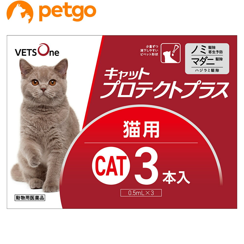 【使用期限：2026年5月以降の商品を出荷させていただきます。】【沖縄県へのお届けは陸送でのお届けとなります。お届けまでに約一週間程度かかりますので、あらかじめご了承ください。】 必ず製品の添付文書をよく読み用法用量を守って正しくご使用ください。 キャットプロテクトプラスは猫に寄生するノミ、マダニ、ハジラミを駆除します。 ・ノミの駆除寄生予防効果1～1.5か月間 ・マダニ駆除効果約3週間 ・8週齢以上の子猫（体重制限なし）から使用可能 ・肩甲骨間に滴下するだけの簡単投与 キャットプロテクトプラスの成分であるフィプロニルは猫に寄生するノミ・マダニ・ハジラミを駆除します。 （S）－メトプレンは、ノミの卵の孵化及び幼虫の変タイを阻害し、猫へのノミ寄生を予防します。 【特長】 ●少量ずつ滴下しやすいピペット形状 ●ピペットは開封後立てておくことができます ●日本国内のGMPガイドラインを遵守した動物用医薬品製造工場で製造 ■効能効果：ノミ、マダニ及びハジラミの駆除 ノミ卵の孵化阻害及びノミ幼虫の変態阻害によるノミ寄生予防 ■用法用量：8週齢以上の猫の肩甲骨間背部の被毛を分け、皮膚上の1部位に直接ピペット全量を滴下する。 ■使用上の注意：【猫に関する注意】 ・衰弱、高齢、妊娠中あるいは授乳中の猫に対する投与については獣医師と相談し、投与の適否を慎重に決定すること。 ・本剤は外用以外に使用しないこと。 ・本剤の最短投与期間は4週間とすること。 ・本剤使用後2日間は、水浴あるいはシャンプーを控えることが望ましい。 ・副作用が認められた場合には、速やかに獣医師の診察を受けること。 ・もし、動物が舐めた場合、溶媒の性状のため一過性の流涎が観察されることがある。そのため、滴下部位を他の動物が舐めないように注意すること。 ・まれに、他の外用殺虫剤と同様に本剤の使用後、個体差による一過性の過敏症（投与部位の刺激によるそう痒、発赤、脱色、脱毛）が起こることがある。もし、症状が持続または悪化する場合は、直ちに獣医師に相談すること。 ■保管上の注意：・小児の手の届かないところに保管すること。 ・直射日光を避け、なるべく湿気の少ない涼しいところに保管すること。 ・使用済みの容器等を廃棄する際には、環境や水系を汚染しないように注意し地方公共団体条例等に従い処分すること。 ■その他注意：・本剤は効能・効果において定められた目的にのみ使用すること。 ・本剤は定められた用法・用量を厳守すること。 ・本剤は獣医師の指導の下で使用すること。 ・猫以外の動物には使用しないこと。特にウサギには使用しないこと。 ■主成分：1mL中フィプロニル 100mg（S）－メトプレン 120mg ■JANコード：4580298872016 ■原産国：日本 ■メーカー：ベッツワン ■区分：動物用医薬品 ■広告文責：ペットゴー株式会社　0120-958-046 ■更新日時：2024/03/14 18:13:14 ＜免責事項＞本サイトに掲載されている商品情報は、商品パッケージやカタログ、またはメーカーから提供された情報に基づくものであり、その内容について当社は責任を負いかねます。これらについてのお問い合わせはメーカーに直接行っていただきますようお願いいたします。また、メーカーによる仕様変更に伴い商品の表記と実際の仕様が異なる場合がございます。