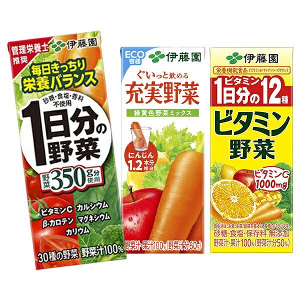 野菜ジュース 伊藤園 [1日分の野菜・充実野菜・ビタミン]ハーフケース 200ml紙パック×24本[12本×選べる2ケース]［賞味期限：2ヶ月以上]1セット1配送でお届け【4～5営業日以内に出荷】【送料無料】北海道・沖縄・離島は送料無料対象外［税別］