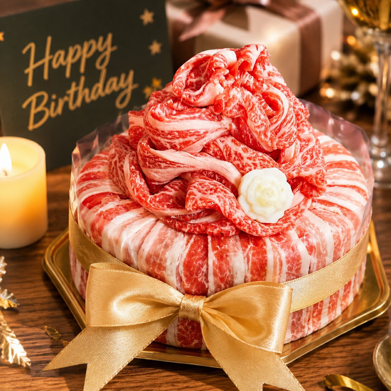 樂天商城 - 父の日 カスタマイズ可能☆ フリーメッセージ サプライズ バースデーケーキ 選べるリボン色 肉ケーキ 誕生日 ウエディング 還暦祝 牛脂 熨斗紙 お返し 記念日 結婚記念日 ケーキ SNS 若狭牛 合格 プレゼント お祝い 福井 パーティー イベント 豪華 ハッピーバースデー