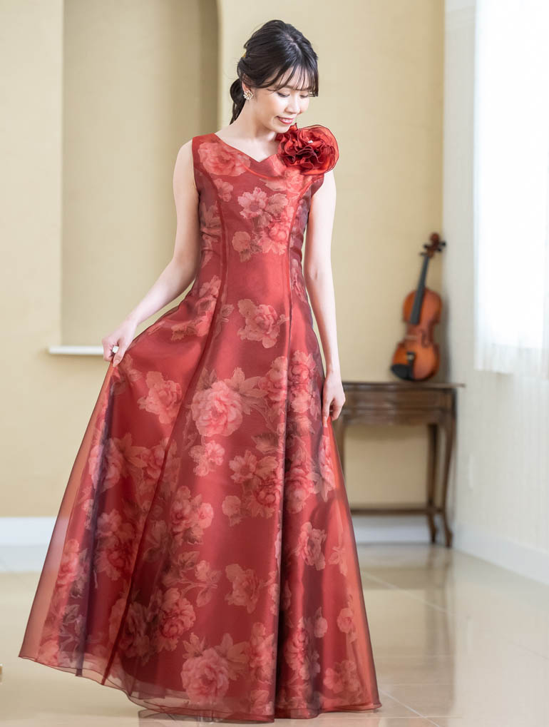 演奏会用ドレス 演奏会 ロングドレス ローズプリント ノースリーブ ドレス 日本製 演奏会用ロングドレス コンクール ピアノ 発表会 大人 中学生 160cm 舞台衣装 ステージ衣装 大きいサイズ カラードレス 赤 青 おすすめ ピンク(op3596)