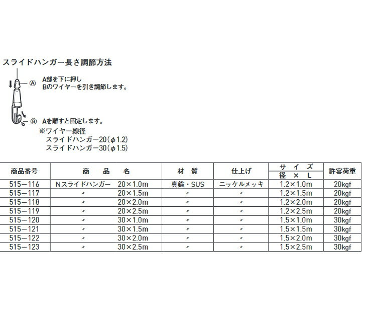 ピクチャーレール ワイヤー フック Nスライドハンガー ピクチャーレールギャラリー用 ワイヤーハンガー 1m / 1.5m / 2m / 2.5m メール便可 20は線径1.2mm 30は線径1.5mm 壁掛けワイヤー 吊りフック 金具 金物 自在 時計 額縁 絵画 賞状 掛け軸 写真 パネル 展示 アート作品