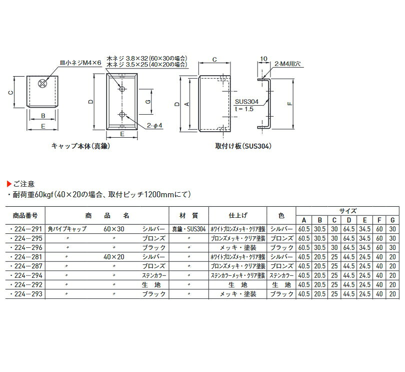 真鍮・SUS角パイプキャップ 40ミリX20ミリ ネジ付き メール便可 2