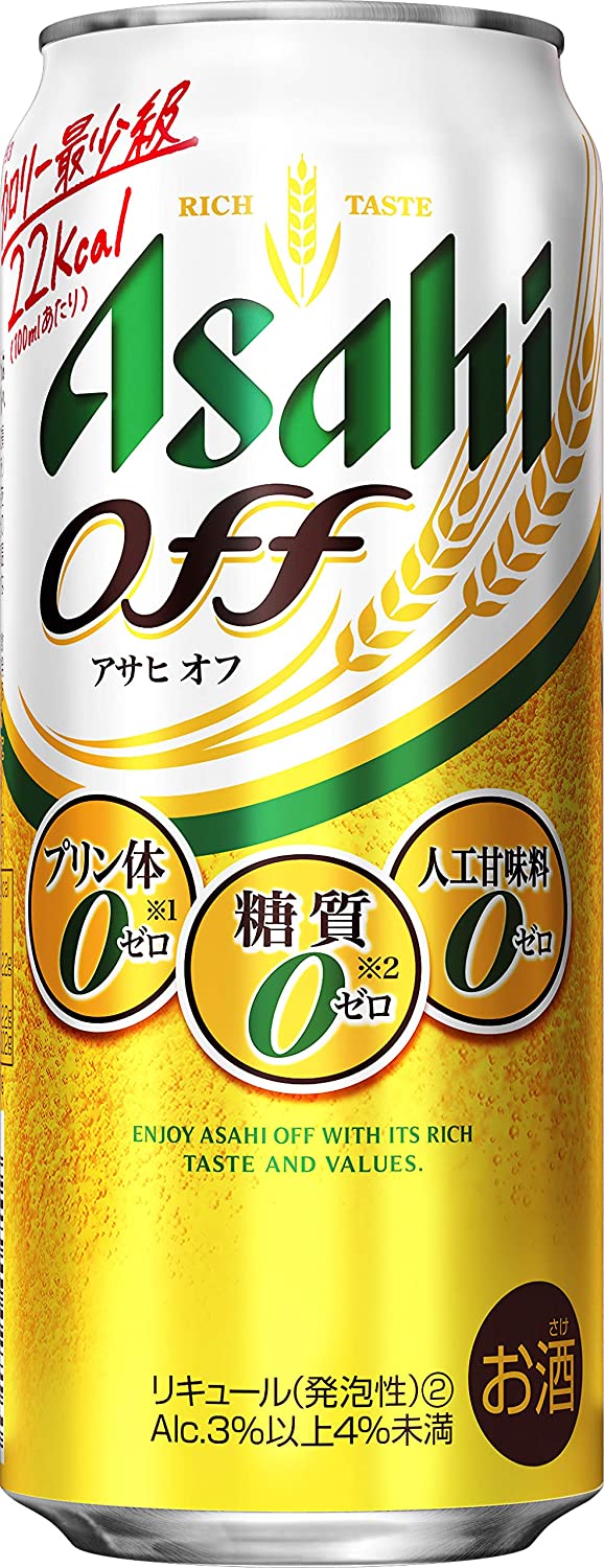 【アサヒオフ】〜アルコール度数は3％以上4％未満です。プリン体0（※1）、糖質0（※2）の新ジャンル。最高級ホップ（※3）一部使用による豊かな味わいとすっきりした飲みやすさが特長。　※1　100mlあたりプリン体0．5mg未満のものを「プリン体0」と表示　※2　栄養表示基準に基づき、糖質0．5g（100ml当たり）未満を糖質0（ゼロ）としています。　※3　チェコザーツ産ファインアロマホップ一部使用