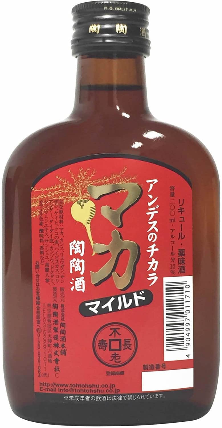 マカ・マイルド陶陶酒〜”マカとカシスの健康酒。銀印よりヘルシーなスッキリとした甘口！”陶陶酒銀印をベースに、高栄養・滋養食材として知られるマカを配合。マカの豊富な栄養素は、特に女性の味方に。高麗人参など十数種類の成分を合理的に溶け込ませた健康のお酒です。味はすっきり、カロリーは控えめ、体にやさしい、おいしいお酒。甘味をカットしてヘルシーに、イタリア料理、フランス料理、中国料理、韓国料理、インド料理、エスニック料理、もちろん日本料理にも合わせやすいお酒です。またお食事前、おやすみ前に毎日続けてお飲みください。健康な毎日がお過ごしいただけます。容量　200ml 【アルコール分12%】【溶け込んでいる主な成分】異性化糖、醸造用アルコール、マカ、カシス、リュウガン、サンザシ、ケイヒ、クコの実、ハイビスカス、コリアンダー、ダイダイ皮、カンゾウ、ドクダミ、シソ、マムシエキス、サンシュユ、高麗人参、アミノ酸、パントテン酸カルシュウム、酸味料、香料、カラメル色素など。